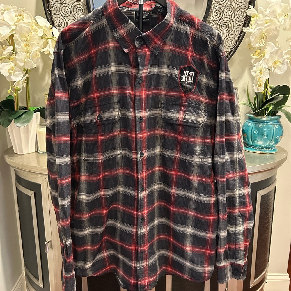 Harley-Davidson Black, Red & Gray Plaid Button-Down Shirt